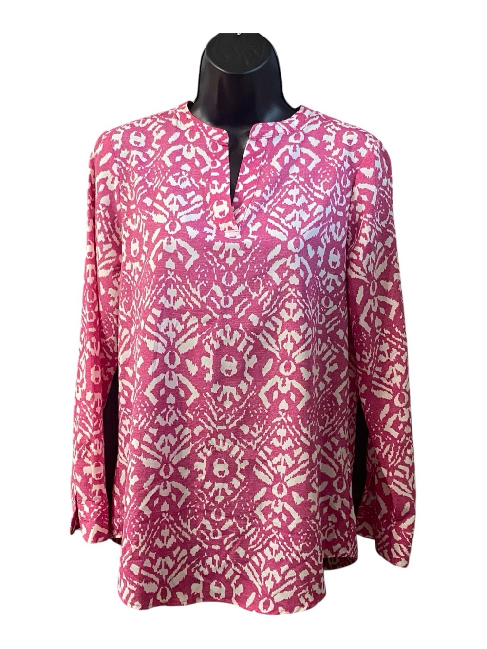Lauren Ralph Lauren Tunic Pink White Geometric Abstract Lond Sleeve Size P Med